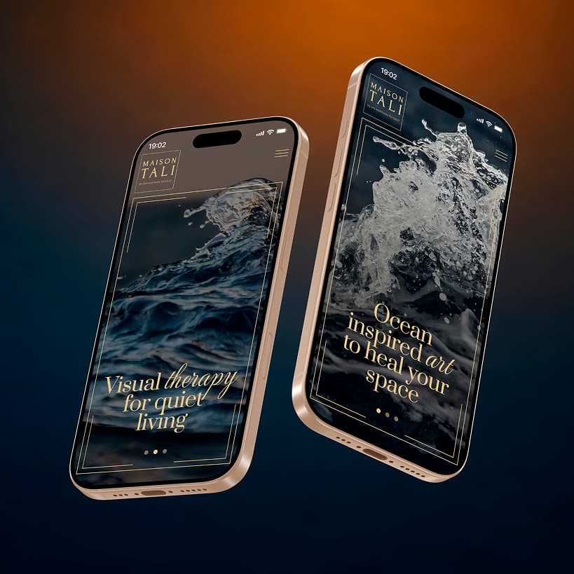 Two phones side by side showing Maison Tali ocean photography pages