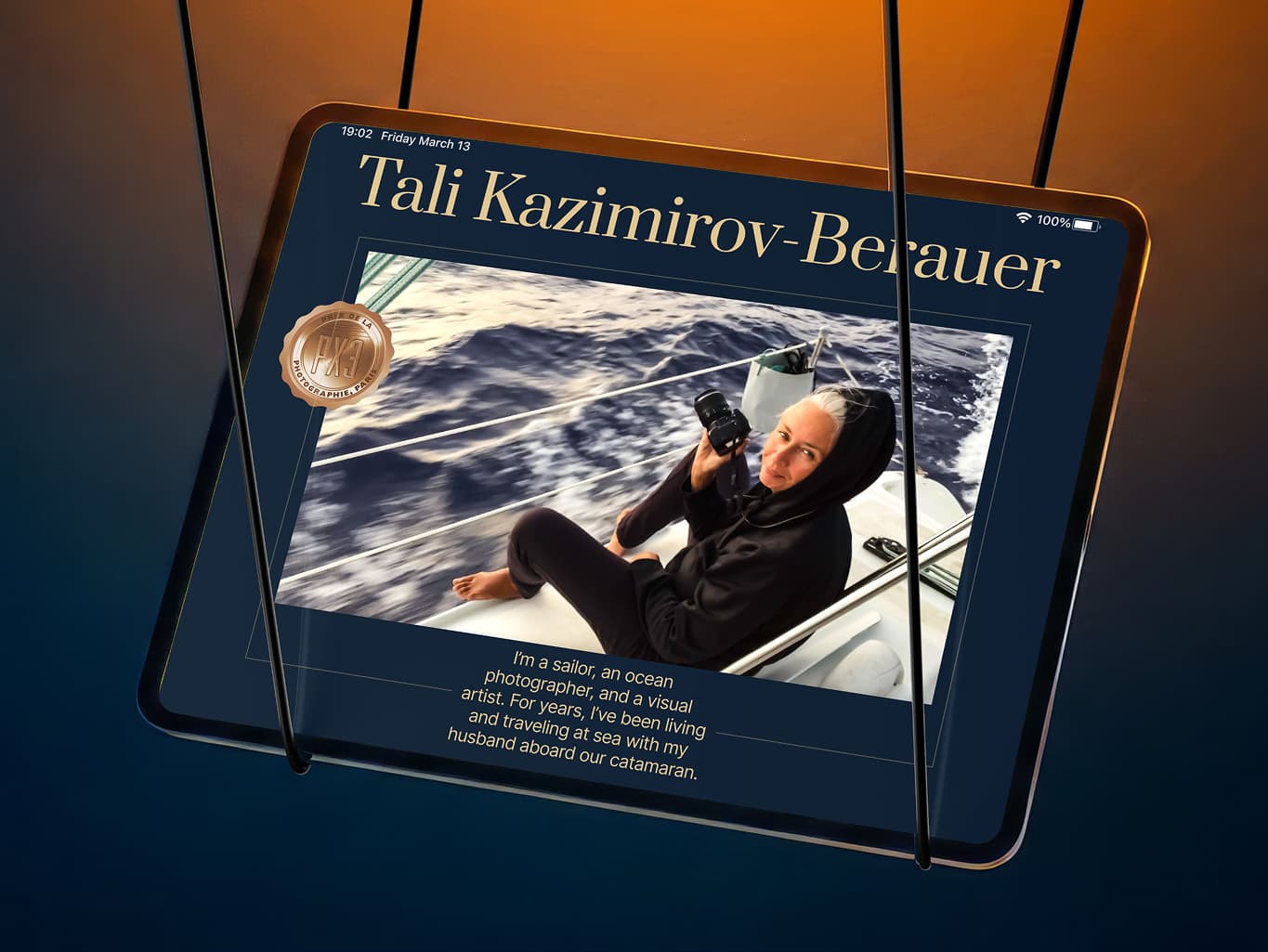 The Maison Tali about page on a tablet, with a portrait of Tali Kazimirov-Berauer