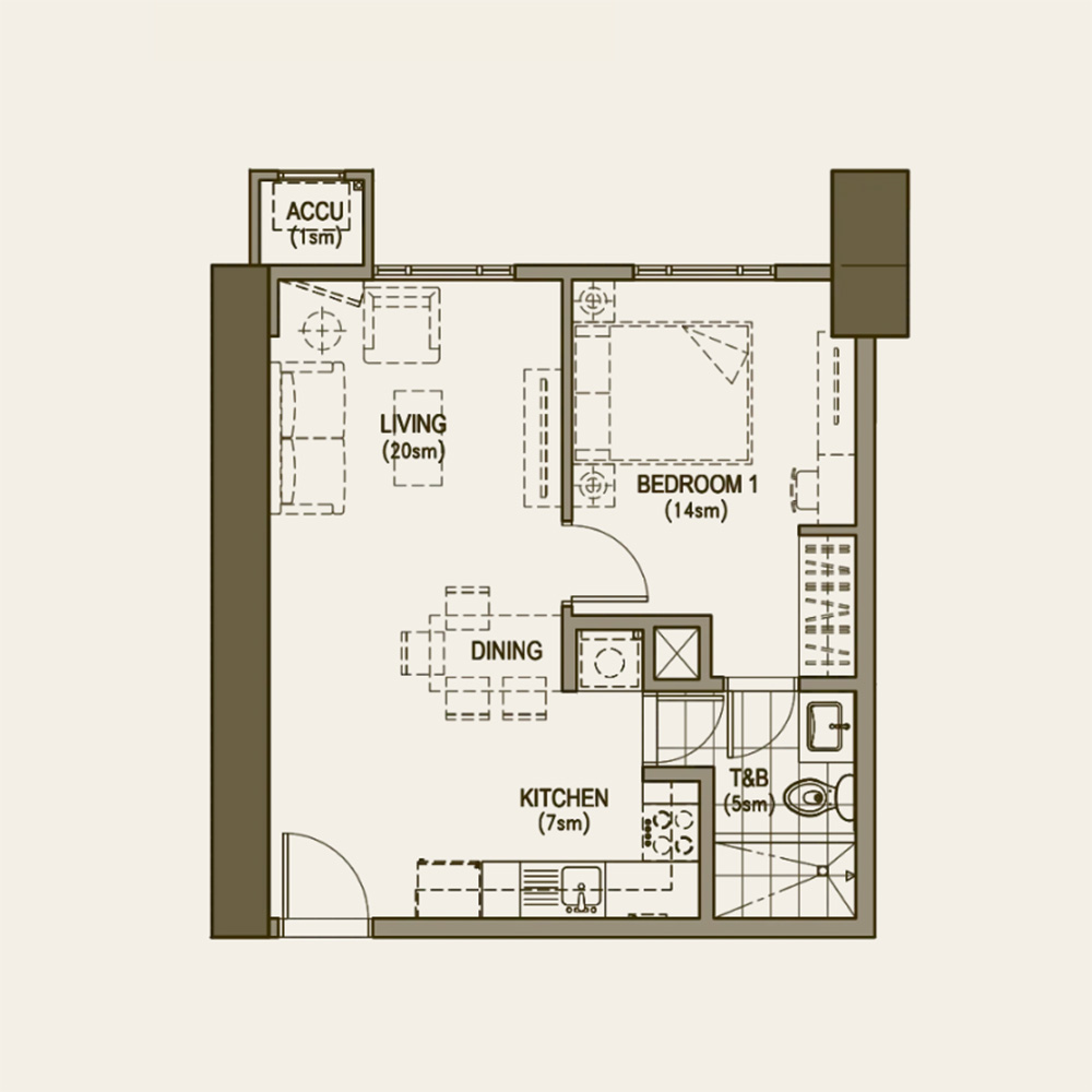 1-bedroom apartment floor plan with living, dining, kitchen, bedroom, bathroom, and air conditioning unit areas.