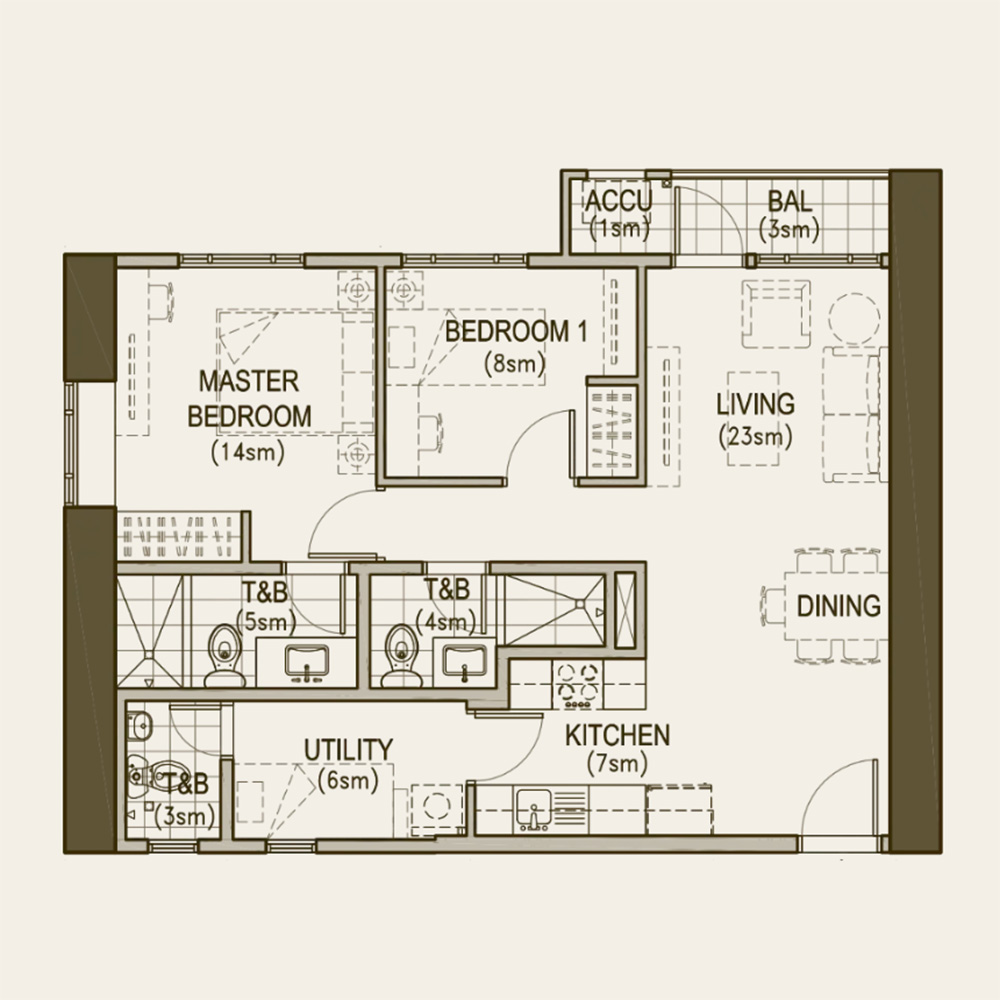 Floor plan of a two-bedroom apartment with living, dining, kitchen, utility, and three bathrooms.
