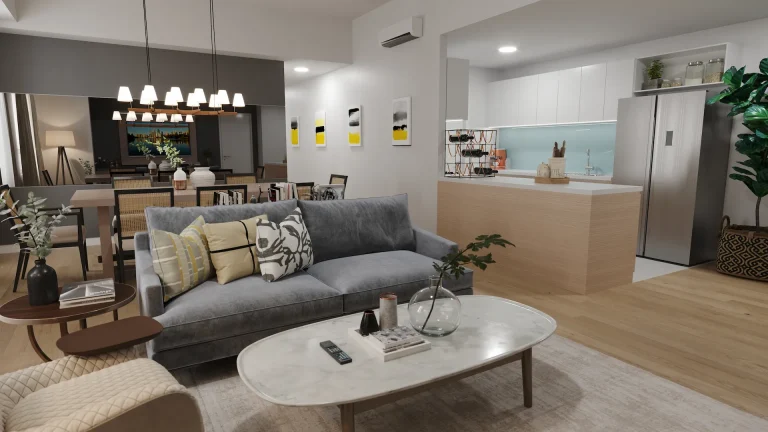Modern living room with gray sofa, patterned pillows, marble coffee table, and open kitchen with wood island.