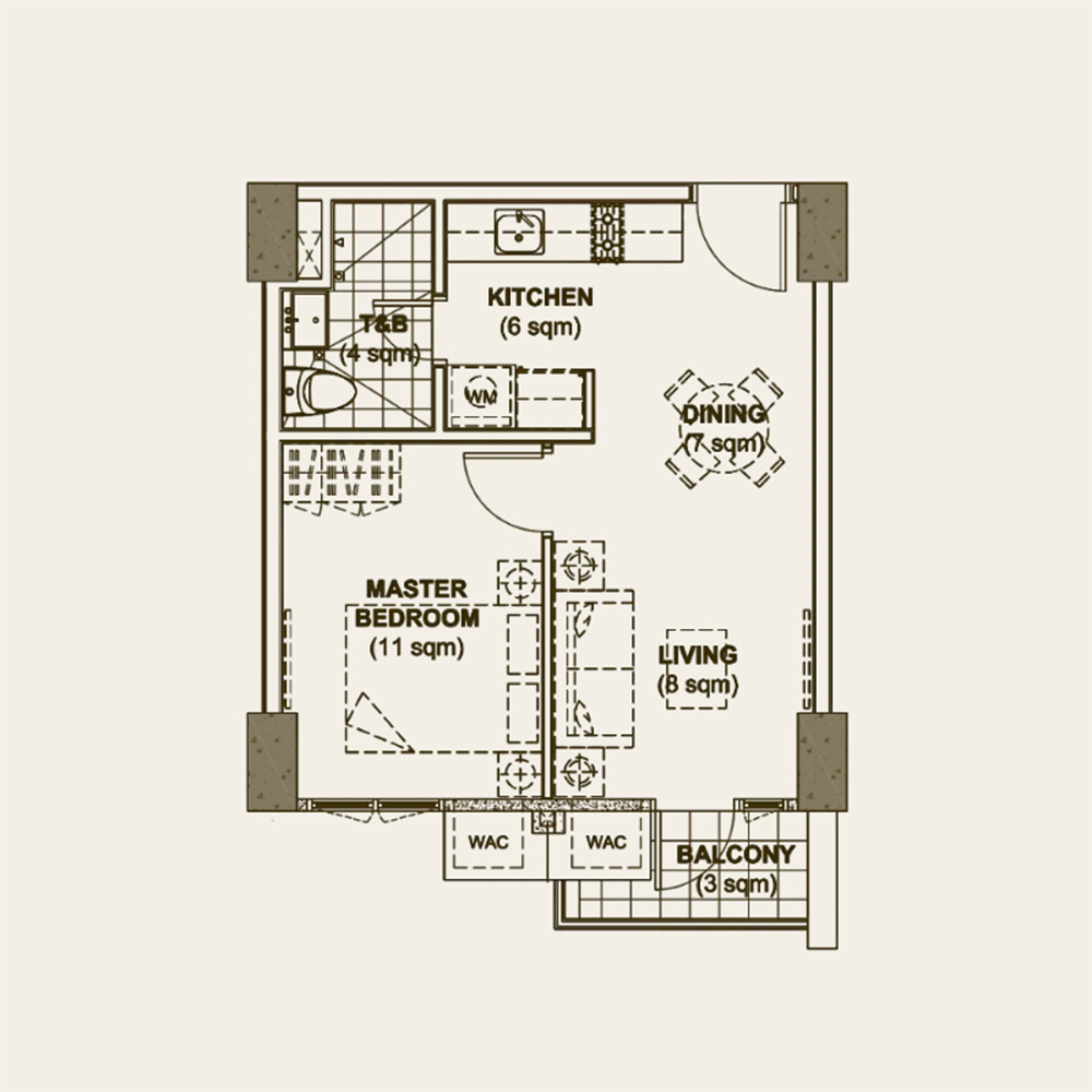 Floor plan of one-bedroom apartment with kitchen, dining, living, master bedroom, T&B, balcony, and WAC areas.