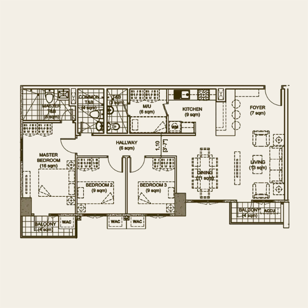 Floor plan of a 3-bedroom unit with living, dining, kitchen, two balconies, and three bathrooms.