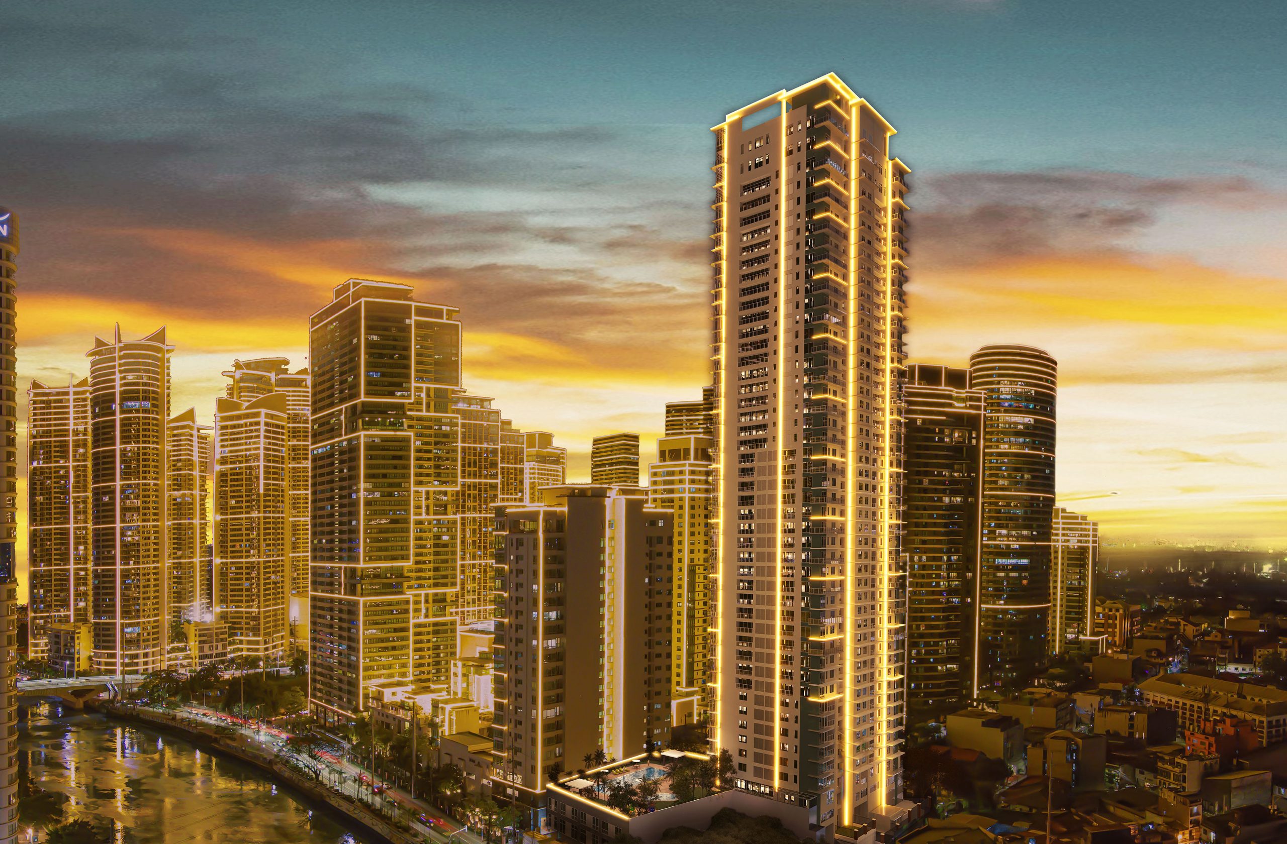 City skyline at sunset with tall skyscrapers outlined in golden lights along a river.