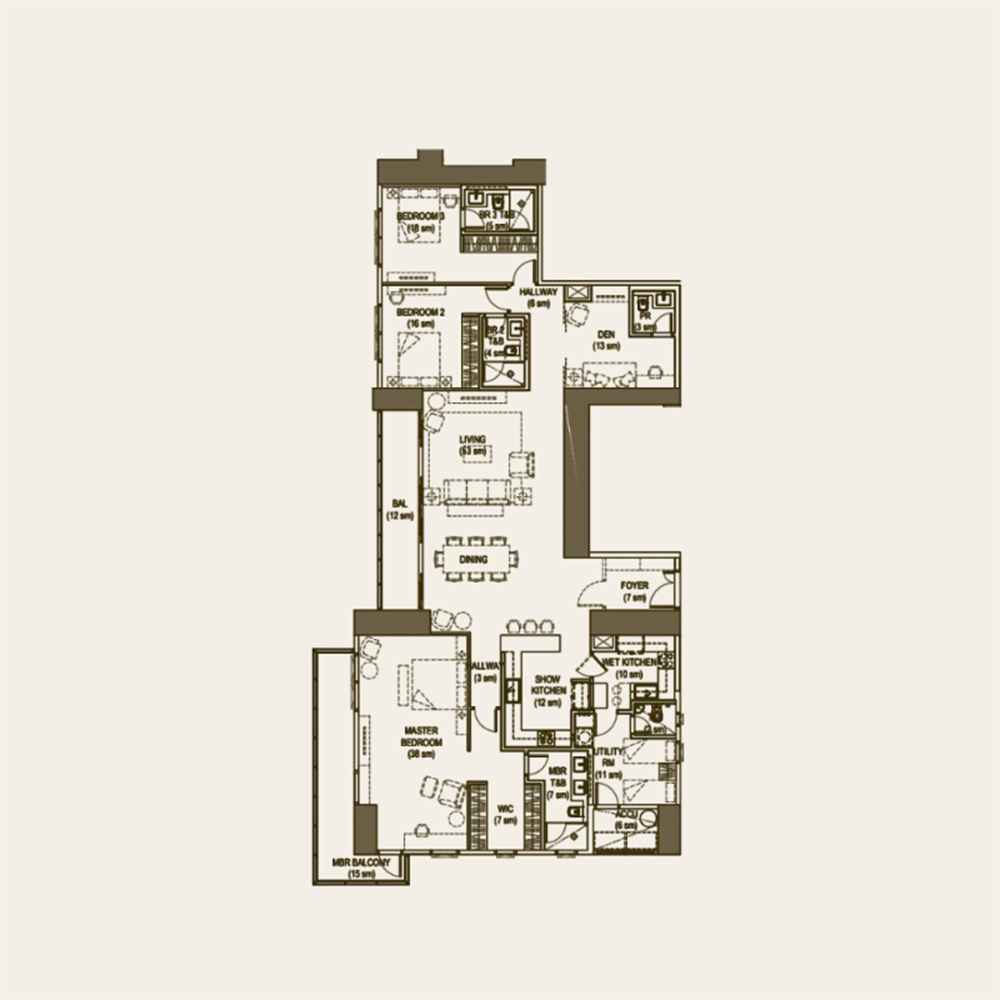 Floor plan of a three-bedroom home with living, dining, two kitchens, den, and balconies.