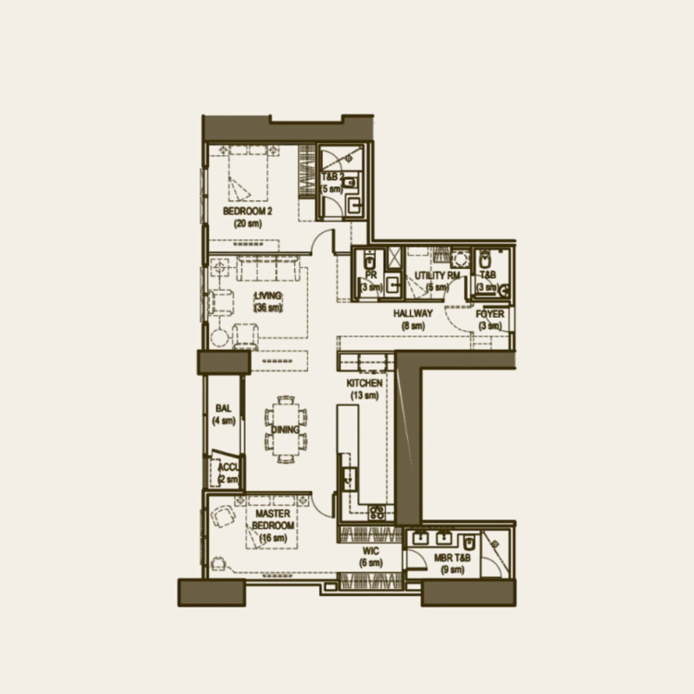 Floor plan of a two-bedroom apartment with living, dining, kitchen, bathrooms, foyer, balcony, and utility areas.