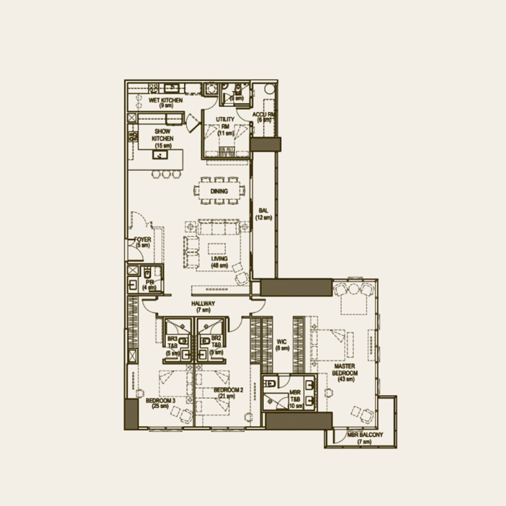 Floor plan of a 3-bedroom apartment with living, dining, wet and show kitchens, utility, and balconies.