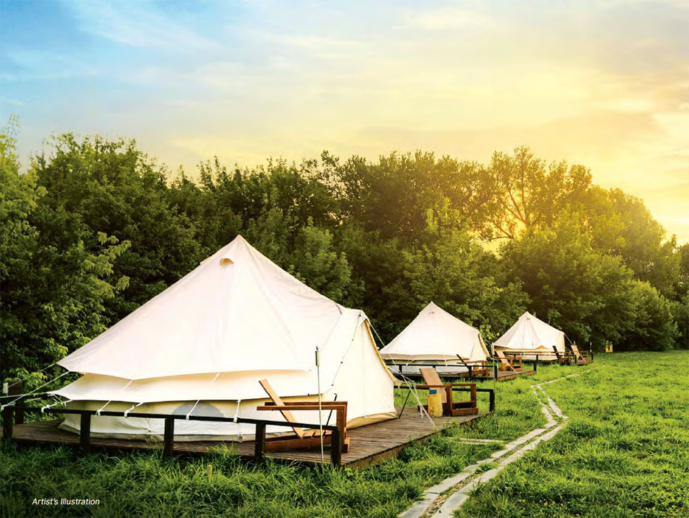 Three white canvas tents on raised wooden platforms amid green grass and trees at sunset.