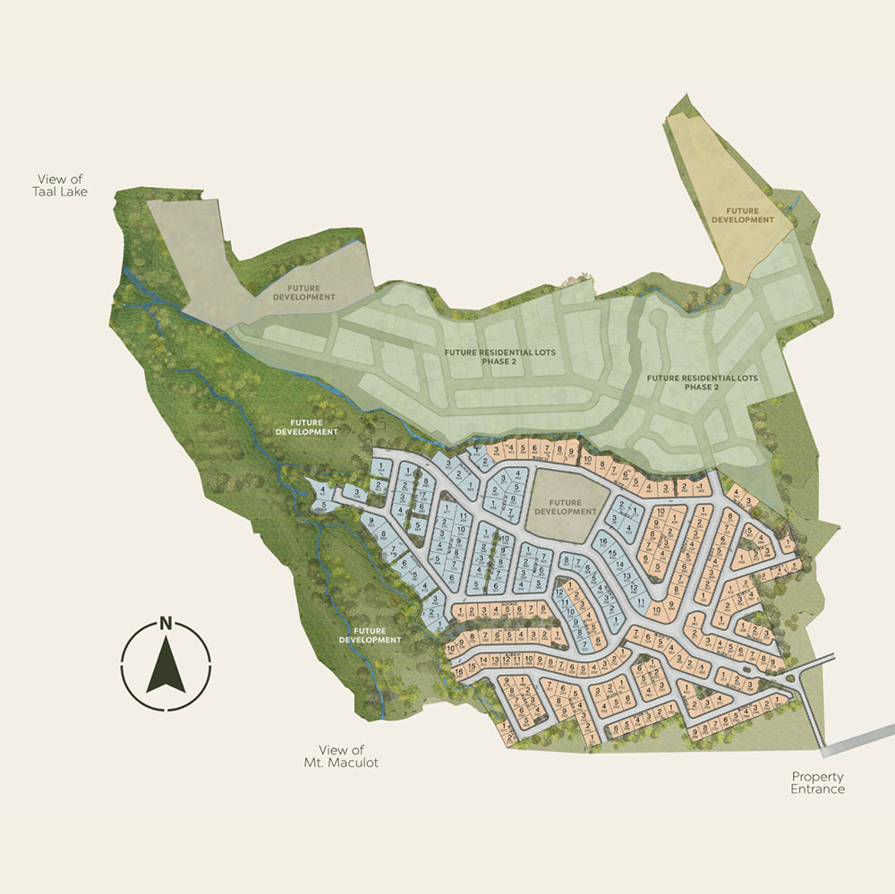 Map of residential lots and future development areas with views of Taal Lake and Mt. Maculot.