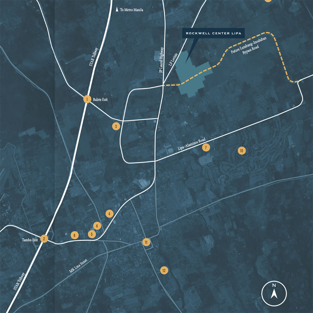 Map showing Rockwell Center Lipa with nearby roads, exits, landmarks, and a compass pointing north.