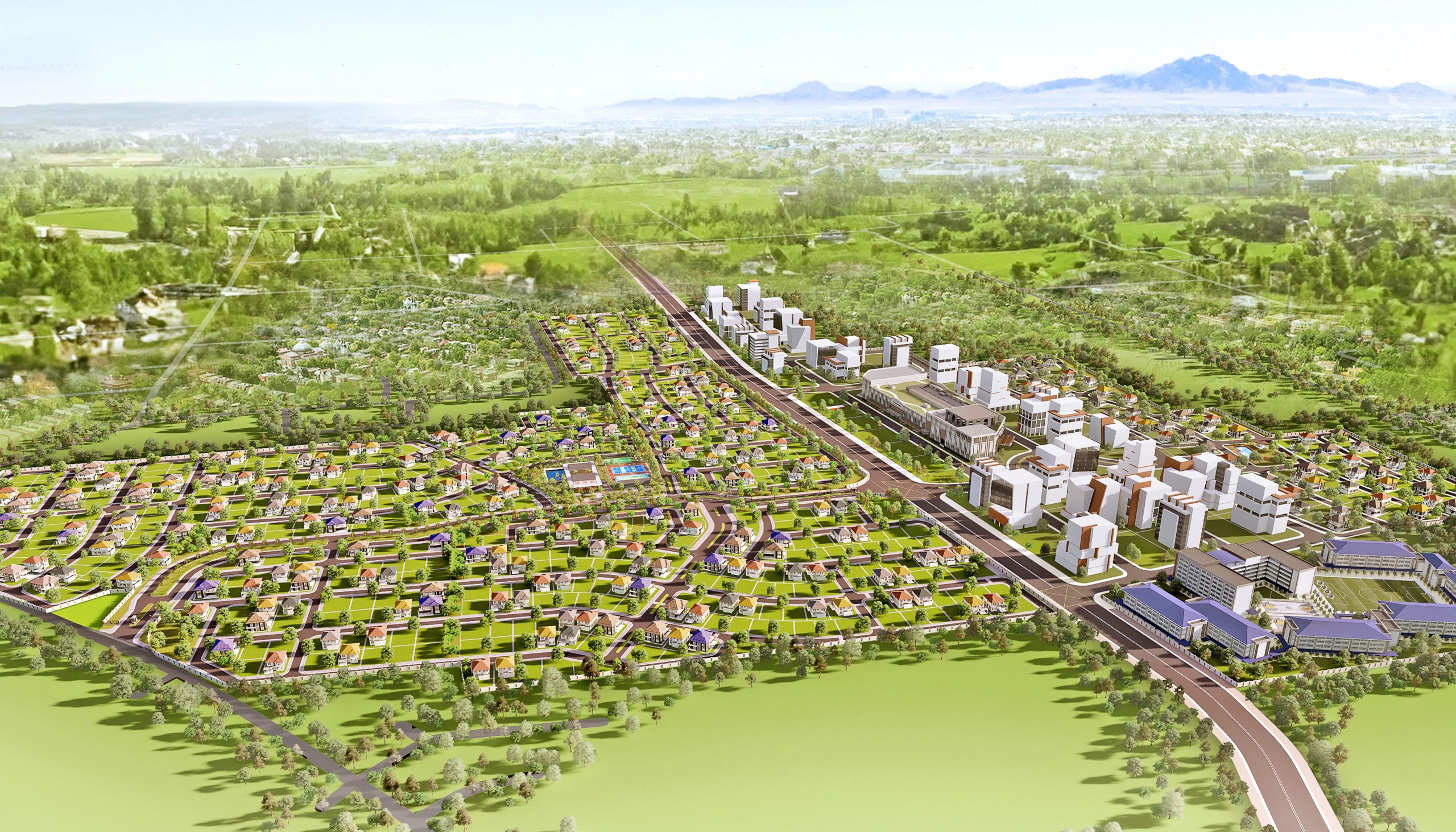Aerial view of a large residential and commercial masterplan with houses, buildings, roads, and greenery.