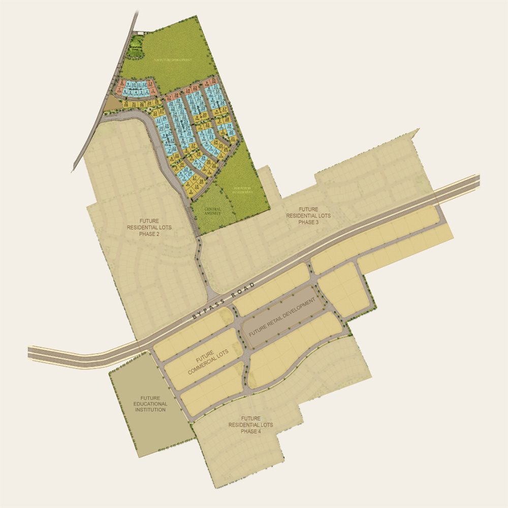Development map showing phases for future residential, commercial, retail, and educational lots with roads.