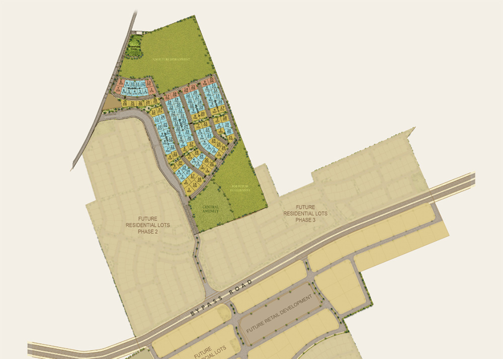 Development site map showing colored residential lots, future phases, and areas for retail and amenities.
