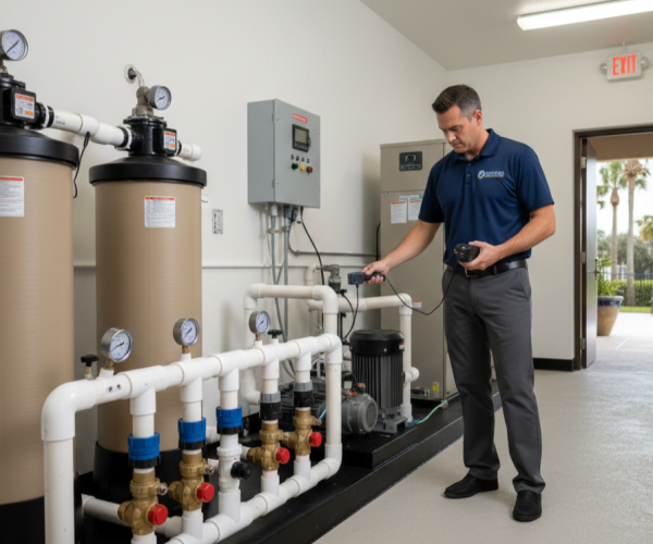 Sawgrass technician inspecting pool equipment