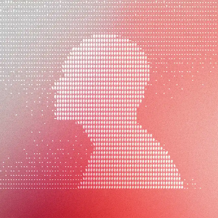 Digital art of a human head and shoulders silhouette composed of white dot patterns on a gradient background transitioning from gray to red tones.