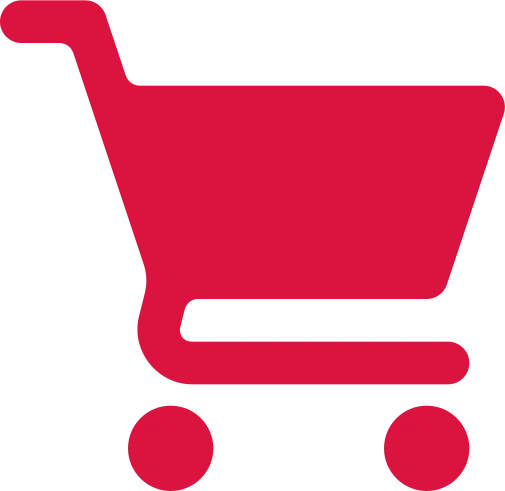 Red shopping cart icon with two wheels facing left on a white background.