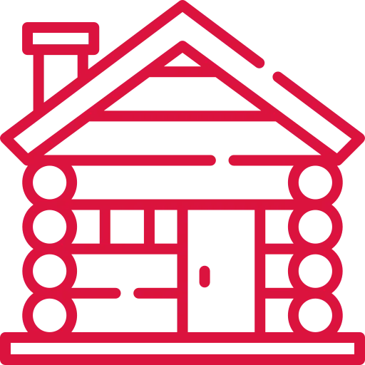 Red outline of a log cabin with a chimney, a door, and a triangular attic window.