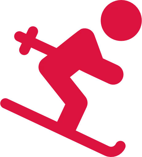 Red icon of a person skiing downhill with skis and poles.