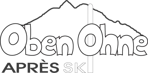 Stylized text 'Oben Ohne Après Ski' with mountain outline and a ski pole as letter 'l'.