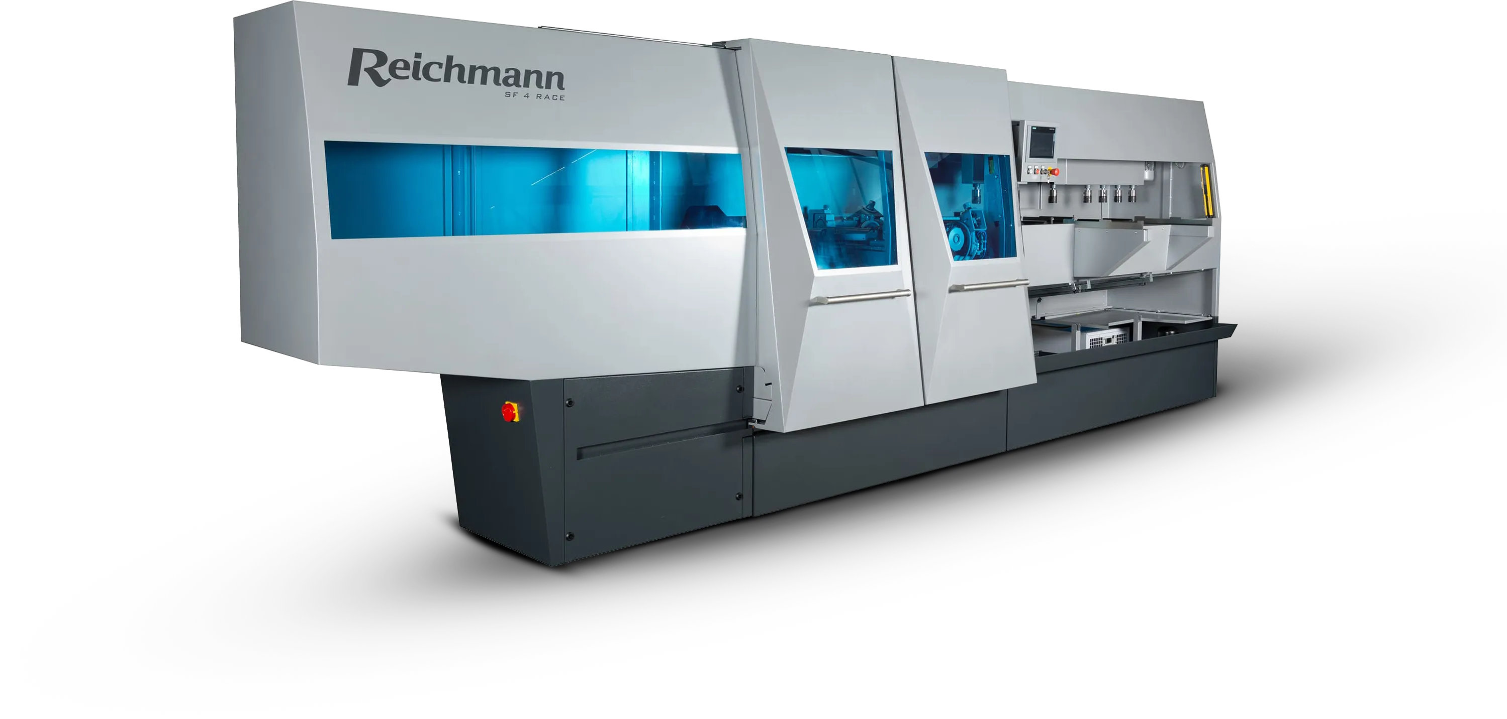 Industriemaschine Reichmann SF 4 Race mit blauen Sichtfenstern und Steuerpanel.