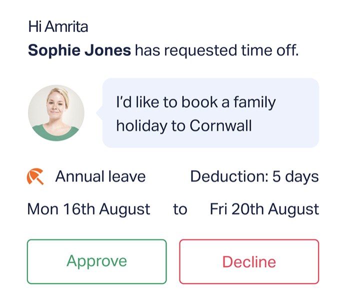 Sophie Jones has requested time off: Mon 16th August through Fri 20th August
