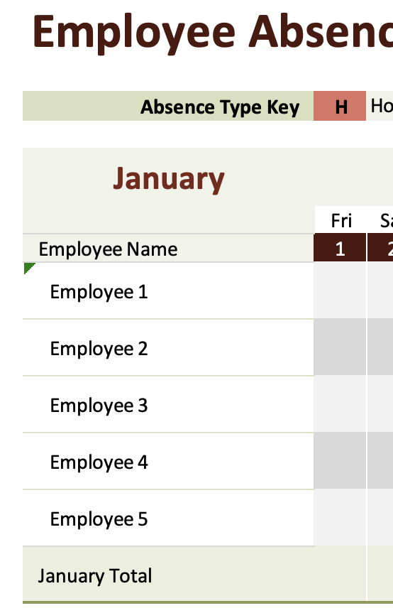 Microsoft Excel's Employee Absence Schedule template: Employee names
