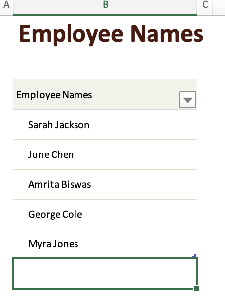 Microsoft Excel's Employee Absence Schedule template: Employee names