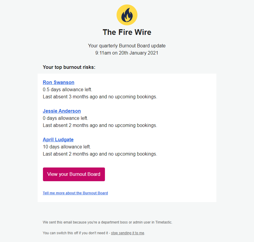 The Fire Wire: Get a quarterly email update letting you know which employees are at risk of burnout.