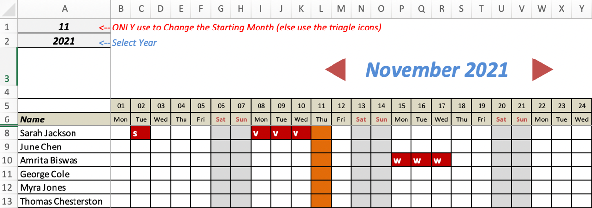 Excel annual leave calendar template spreadsheet example