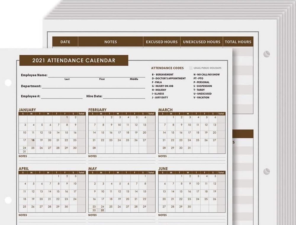 2021 Attendance Calendar: Date, Notes, Excused Hours, Unexcused Hours, Total Hours.