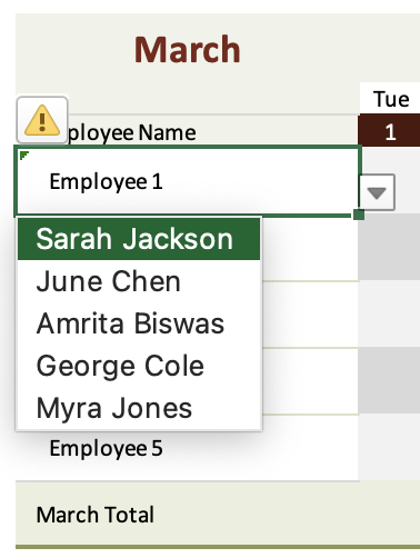 Employee1 Name: Employee Names have to be input every single month which can be a lot of tedious work.