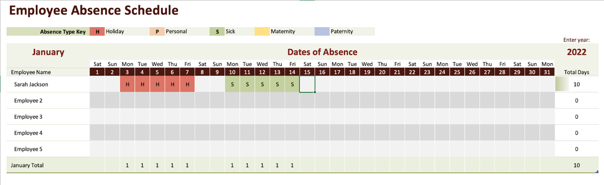 Employee Absence Schedule Excel Example