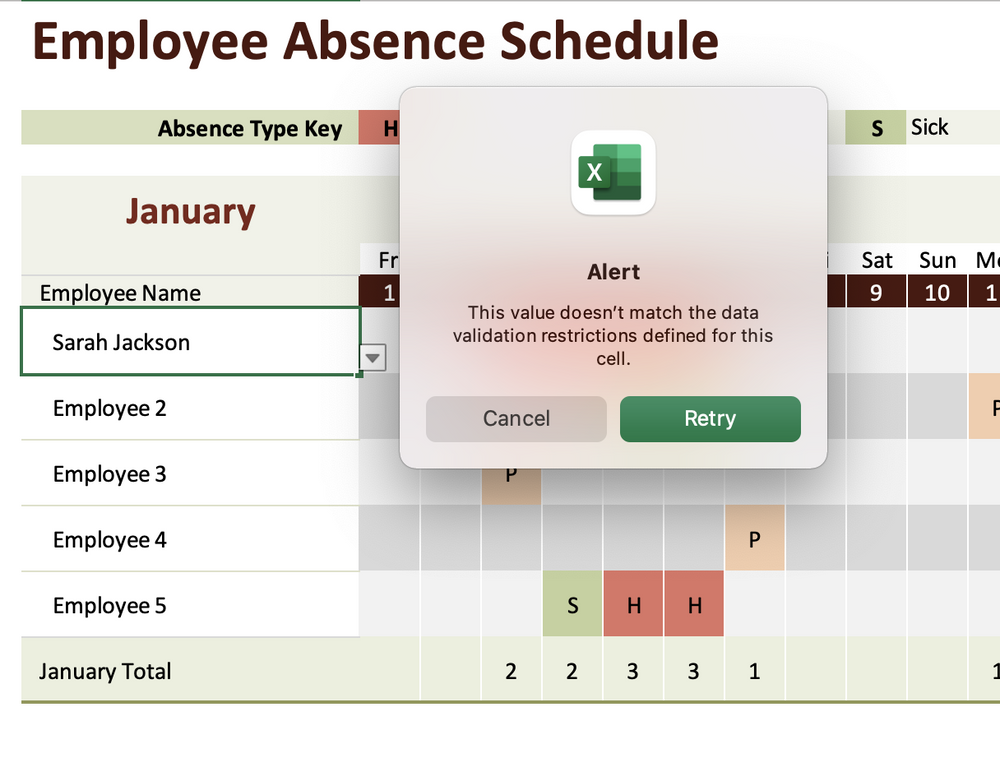 An example of an Employee Absence Schedule Alert if you try to put employee names in the first tab.