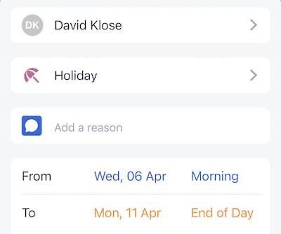 David Klose holiday request leave example on mobile