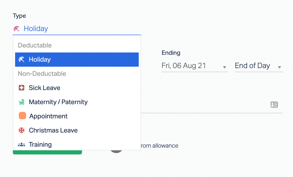 Type off request: Holiday, Sick leave, Maternity/Paternity, Appointment, Christmas Leave, Training, etc.