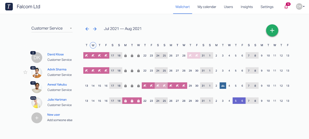 A preview of what a Wallchart looks like within Timetastic.