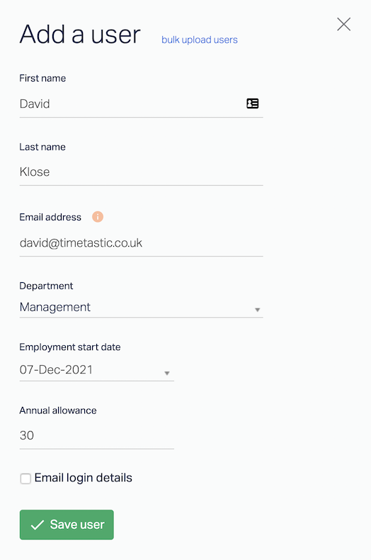 Adding a user in Timetastic.