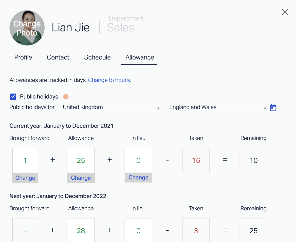 Lian Jie Time Off Allowance: Taken and Remaining