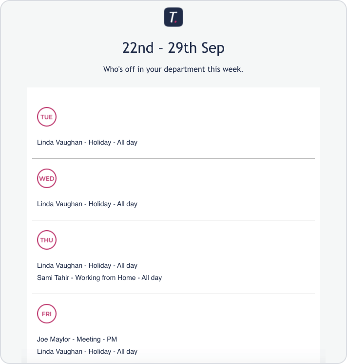 Time Off Summary: See who's off in your department this week.