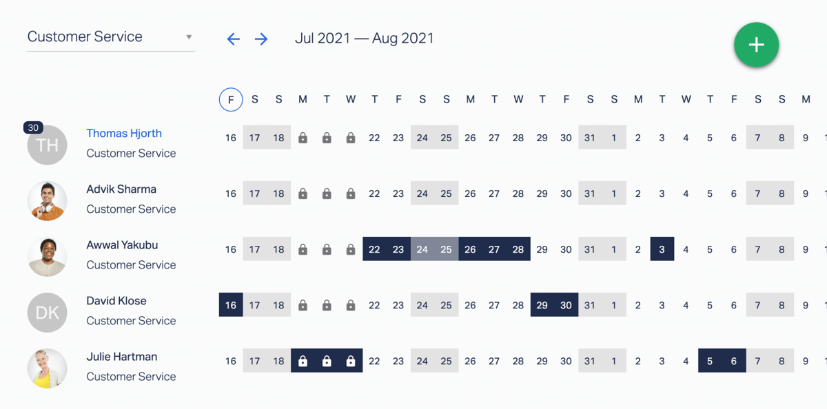 Timetastic Wallchart for the Customer Service team, Jul–Aug 2021, with booked days in navy and padlocks marking locked dates.