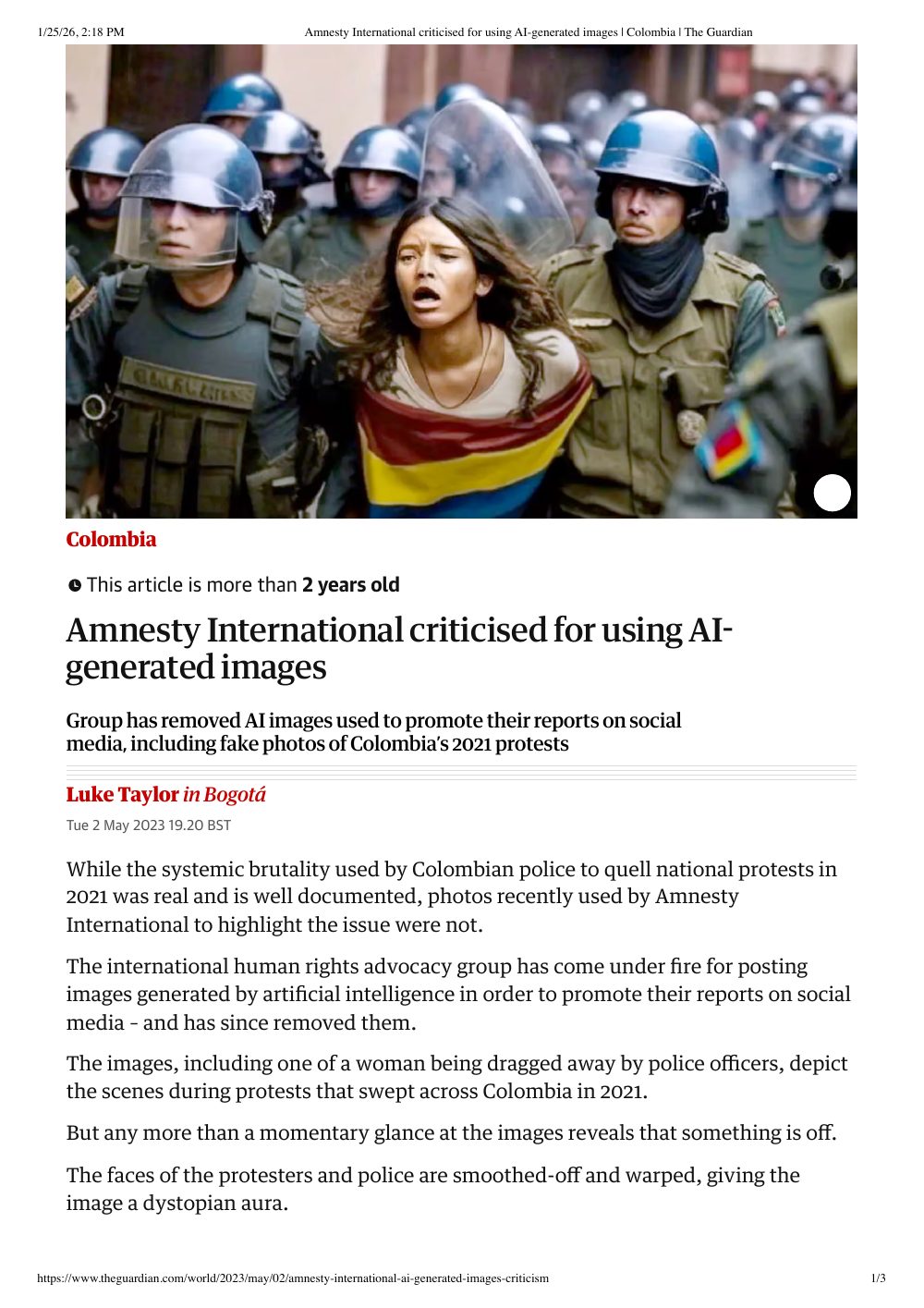 Amnesty International criticised for using AI-generated image