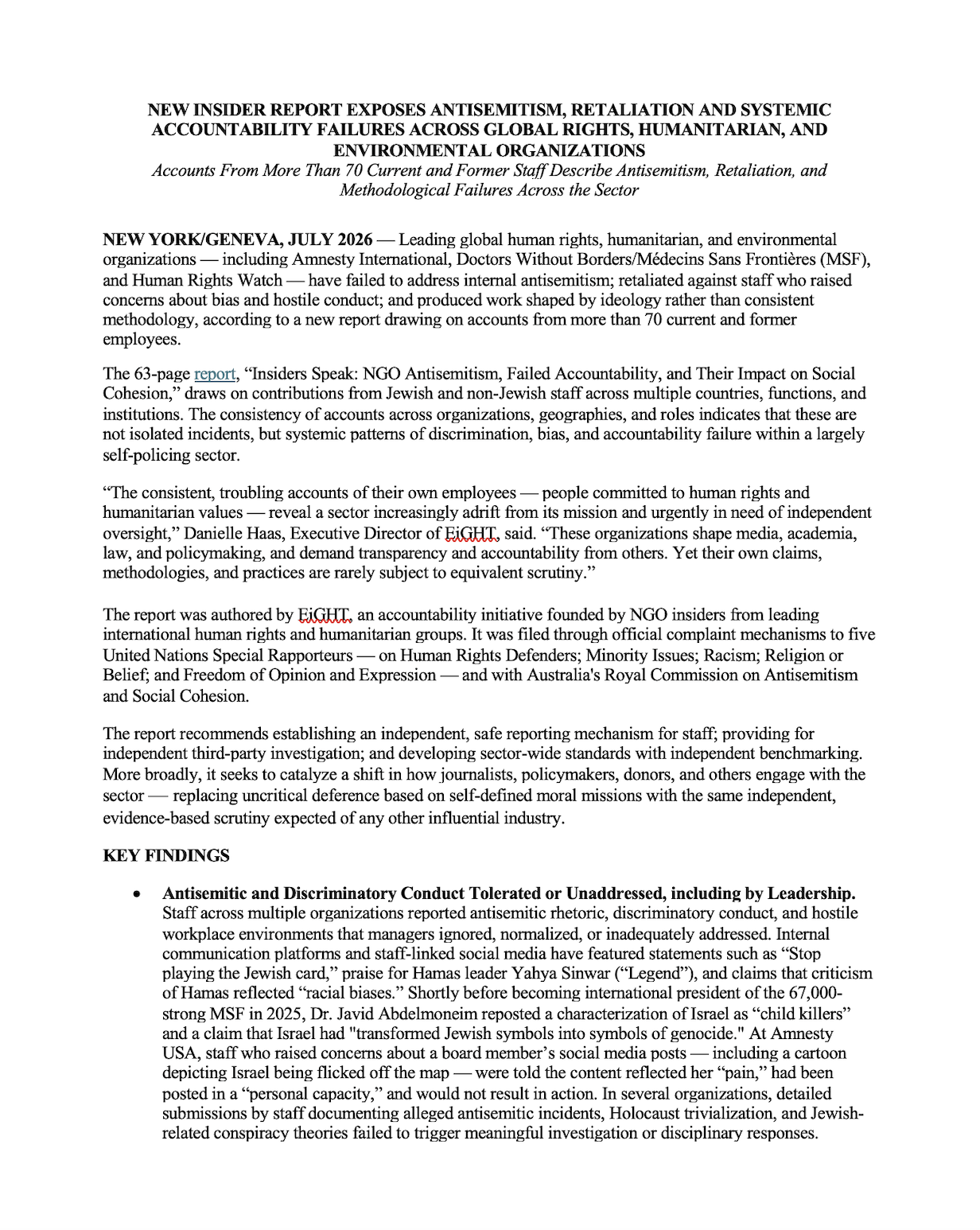 New Insider Report Exposes Antisemitism, Retaliation and Systemic Accountability Failures Across Global Rights, Humanitarian, And Environmental NGOs 
