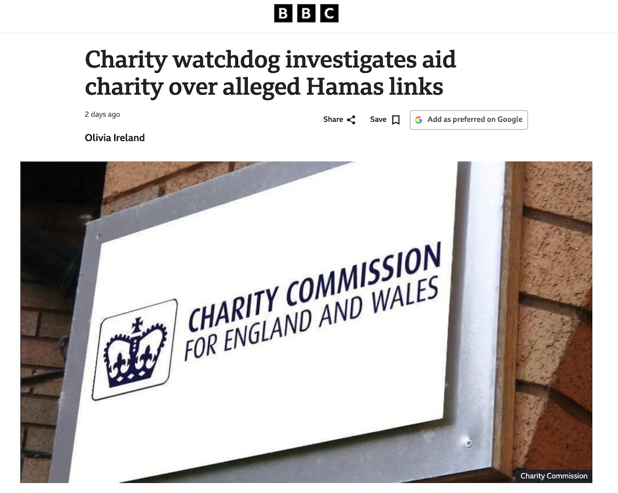 Charity watchdog investigates aid charity over alleged Hamas links