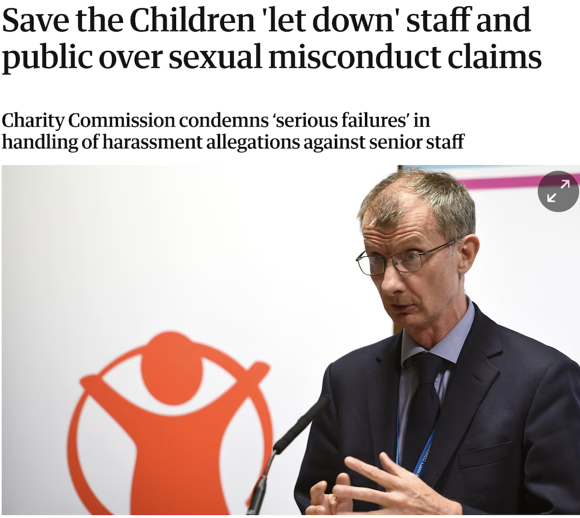 Save the Children 'let down' staff and public over sexual misconduct claims