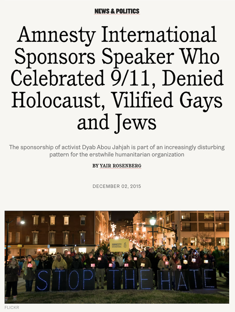 Amnesty International Sponsors Speaker Who Celebrated 9/11, Denied Holocaust, Vilified Gays and Jews