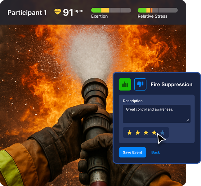 POV of a firefighter putting out a fire with Live Console UI overlay