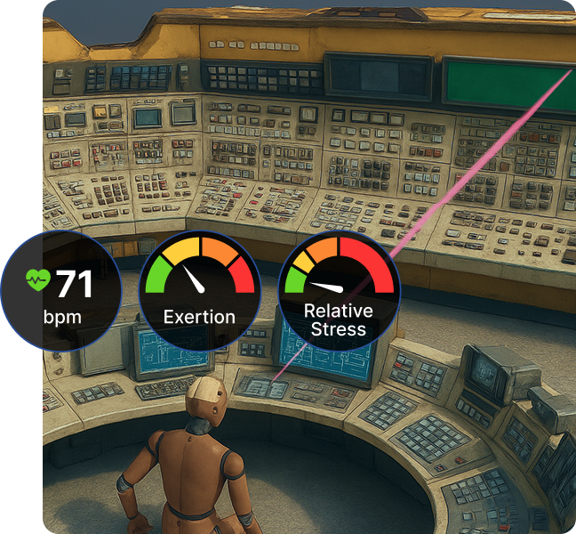 3D model of a worker in a nuclear plant control room with 3D Scene Replay UI overlay