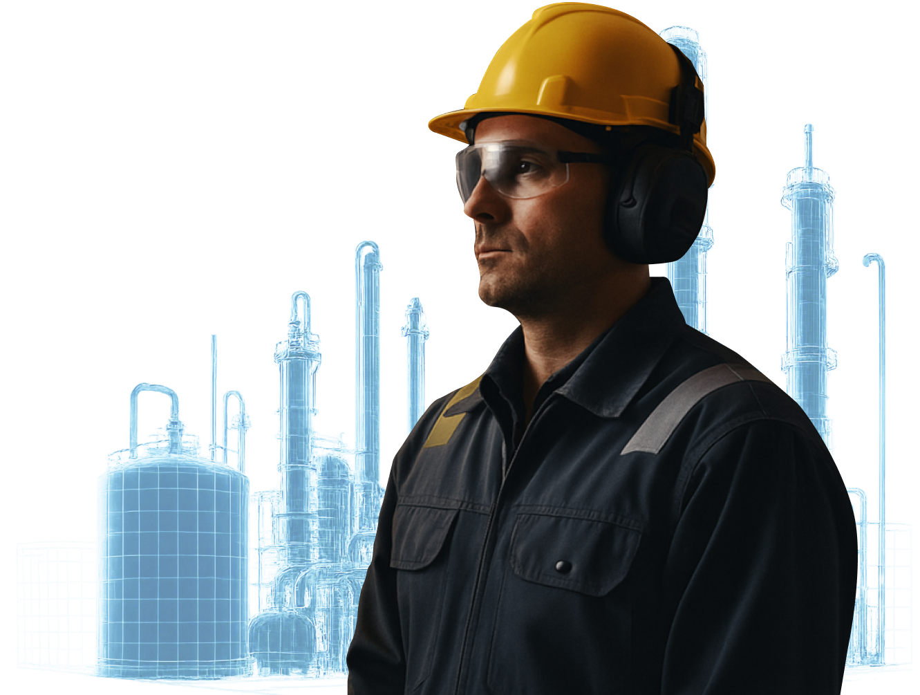 an industrial worker stands in front of a virtual industrial plant