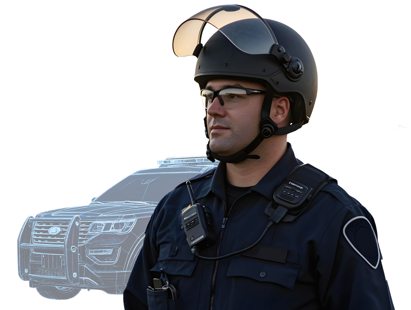 an industrial worker stands in front of a virtual industrial plant