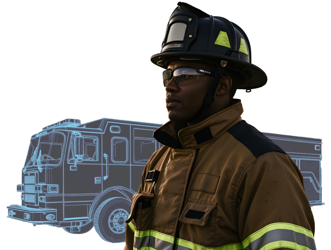 an industrial worker stands in front of a virtual industrial plant